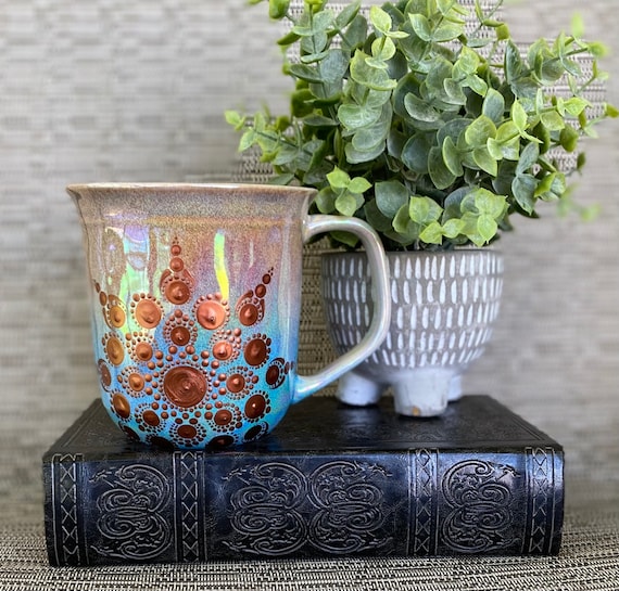 Hand painted dot mandala iridescent glazed mug