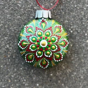 Hand painted traditional Christmas color mandala  ornament, dot mandala ornament, red and green ornament, dot art ornament, mandala dot art