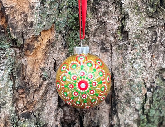 Hand painted dot mandala glitter Christmas tree ornament