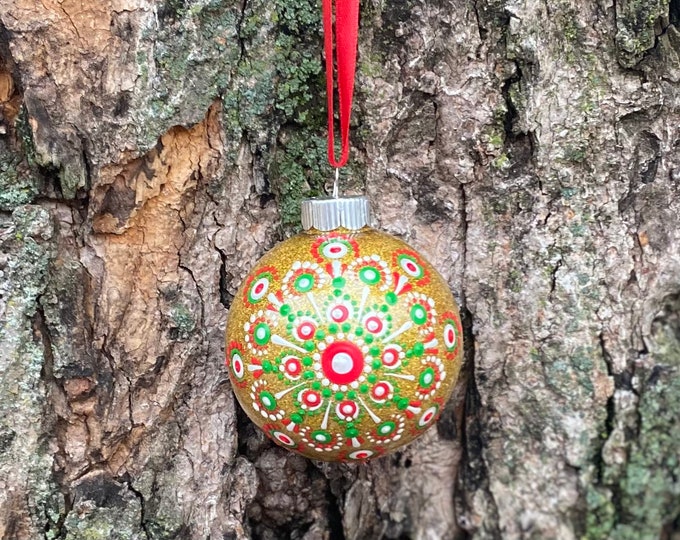Hand painted dot mandala glitter Christmas tree ornament