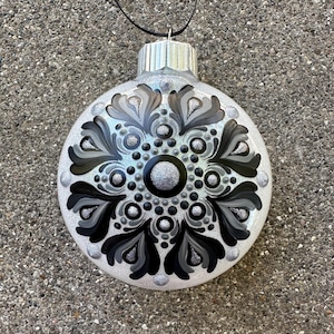 Hand painted glitter black and white mandala ornament, monochrome ornament, mandala ornament, dot art ornament, white and black ornament