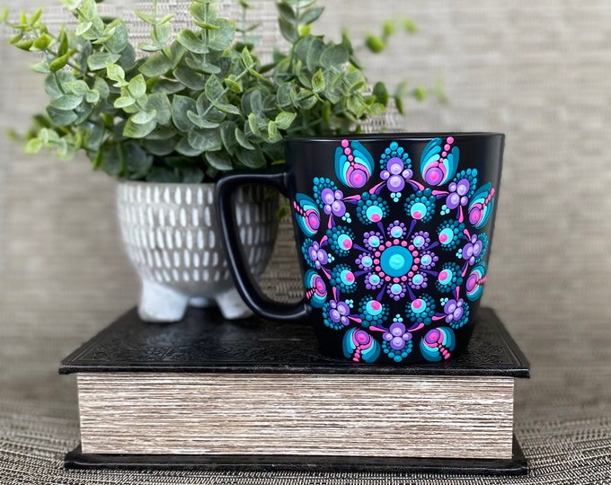 Hand painted 14oz dot mandala ceramic mug
