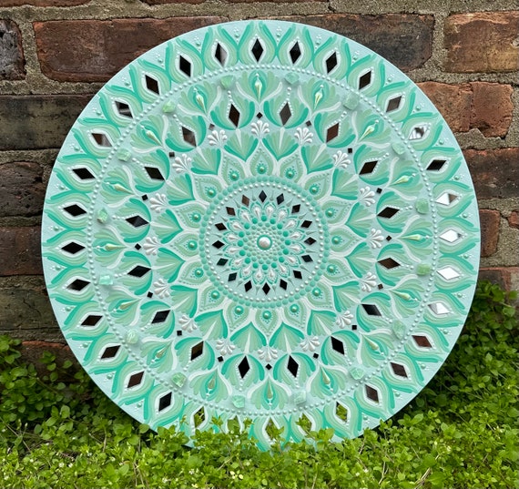 18inch mandala painting seafoam monochrome with Green Calcite