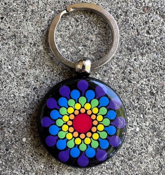 Hand painted double sided rainbow dot art keychain