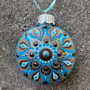 Hand painted glitter mandala ornament, blue and brown ornament, 3inch ornament, mandala dot art, dot art ornament, blue ornament