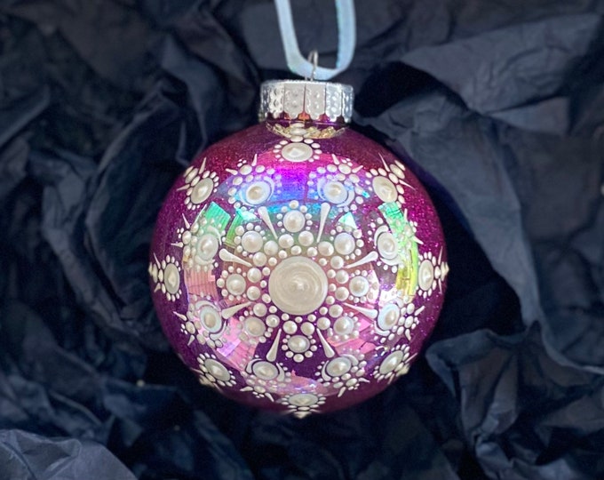 Hand painted purple iridescent dot mandala Christmas tree ornament