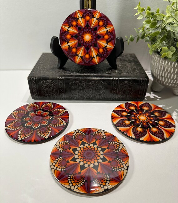 4piece warm toned dot mandala coaster set