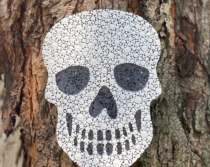 Hand painted dot art and glitter resin skull Halloween decor