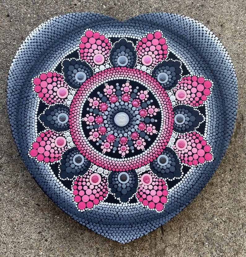 Original Heart dot mandala painting, mandala canvas painting, heart shaped painting, pink and gray dot mandala, selling mandala home decor