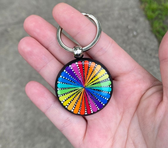 Rainbow dot art keychain double sided