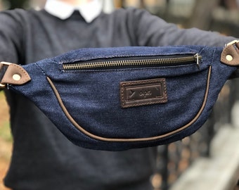 Leather and Jeans Fanny Pack |  Denim Leather Belt Bag | Handmade Belt Bags | Blue Hip Pack Men Women