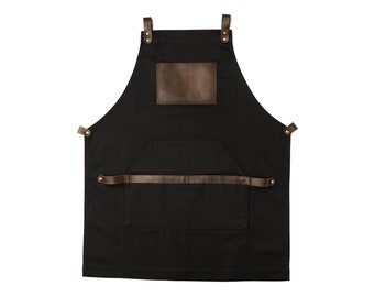 Barista Apron Canvas and Leather | Server Apron with Custom Logo | Restaurant Apron with Pockets | Cooking Apron Men Women