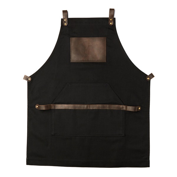 Barista Apron Canvas and Leather | Server Apron with Custom Logo | Restaurant Apron with Pockets | Cooking Apron Men Women