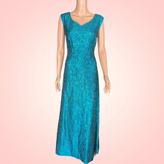 50s early 60s Teal Blue Green Brocade Gown