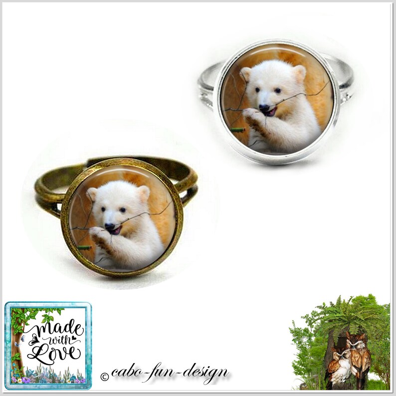 Cabochon ring finger ring round with 12 mm glass cabochon silver or bronze SMALL EISB\u00c4R