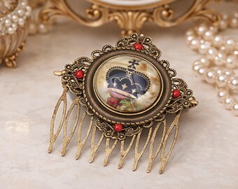 Vintage hair comb ( 27 ) with crown & roses – bronze-colored, delicate, romantic