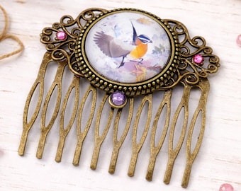 Bronze Art Nouveau Hair Comb (48) Bronze Vintage Hair Comb with Bird Cabochon – Handmade Romantic Hair Accessory