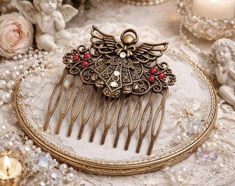 Pettine per capelli Art Nouveau color bronzo (46) con angelo – Gioielli per capelli fatti a mano con pietre preziose rosse e trasparenti