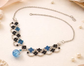 Elegant hand-strung beaded necklace in silver, black & blue – with Miyuki beads and glass beads | approx. 48 cm