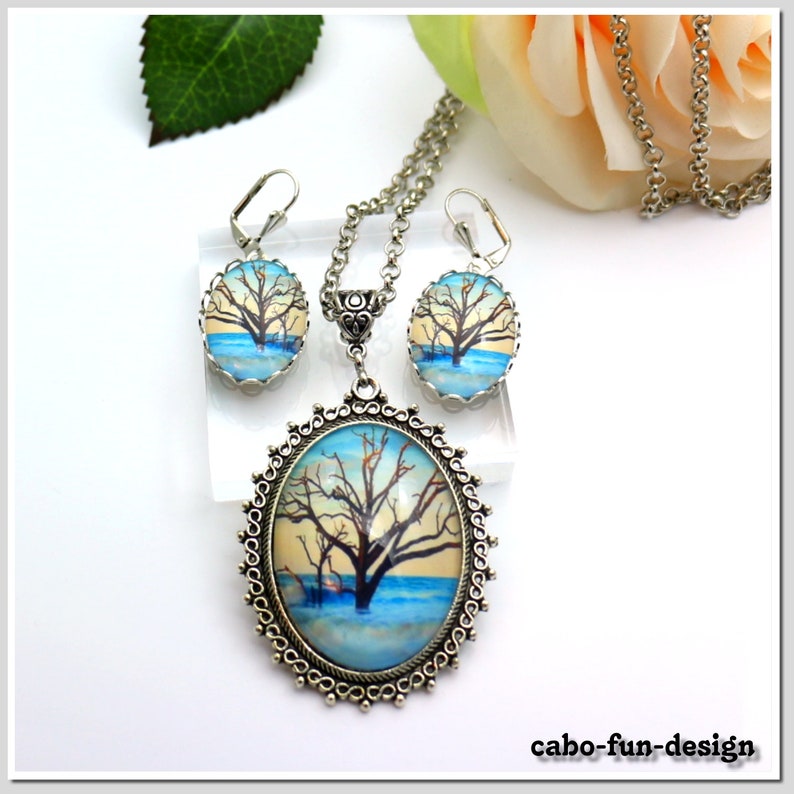 Jewelry set necklace ear pendant oval BAUM IM MEER