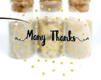 Many Thanks Clear Sticker, Clear Label, Round Clear Label, Faux Gold Label, Faux Gold Foil Label, Gold Sticker, Clear Stickers, Gracias