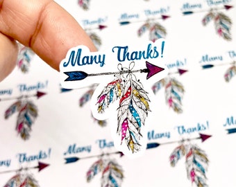 Boho Stickers, Feather Thanks Stickers, Many Thanks Stickers, Boho Theme Stickers, Feather Arrows Stickers, Thank You Stickers, Thanks Label