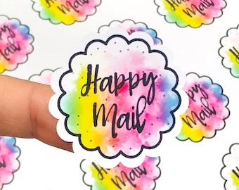 Happy Mail Scalloped Sticker, Watercolor  Stickers, Customer Stickers, Watercolor Packaging Stickers, Small Gift Stickers, Etsy Packaging