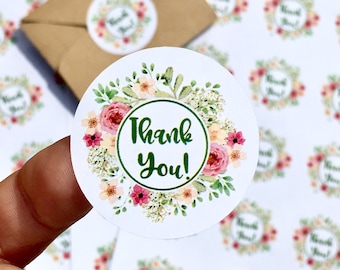 Thank You Floral Wedding Stickers, Wedding Favor Stickers, Floral Envelope Sealer, Thank You Floral Label, Pink Floral Sticker, Katy Skinny