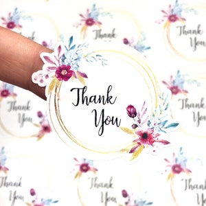 Thank You Floral, Floral Stickers, Thank You Labels, Wedding Labels, Pink Floral Labels, Vintage Labels, Cursive Stickers, Die Cut Stickers
