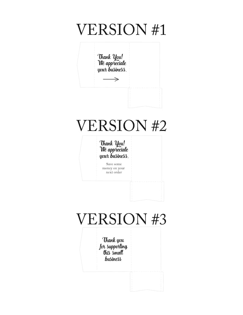 K&ouml;nnte beinhalten: Drei verschiedene Versionen einer Dankeskarte f&uuml;r ein kleines Unternehmen. Die erste Version lautet "Vielen Dank! Wir sch&auml;tzen Ihr Gesch&auml;ft." Die zweite Version lautet "Vielen Dank! Wir sch&auml;tzen Ihr Gesch&auml;ft. Sparen Sie bei Ihrer n&auml;chsten Bestellung Geld." Die dritte Version lautet "Vielen Dank f&uuml;r die Unterst&uuml;tzung dieses kleinen Unternehmens."