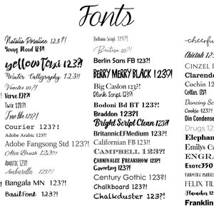 Op de afbeelding: Op een witte achtergrond worden verschillende lettertypen weergegeven, elk met een unieke naam en een voorbeeld van de cijfers "123?!" in het lettertype. Het woord "Fonts" staat in cursief bovenaan.
