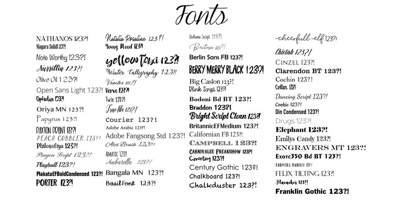 Op de afbeelding: Op een witte achtergrond worden verschillende lettertypen weergegeven, elk met een unieke naam en een voorbeeld van de cijfers "123?!" in het lettertype. Het woord "Fonts" staat in cursief bovenaan.