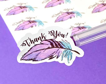 Thank You Feather Stickers, Boho Stickers, Thank You Stickers, Purple Feather Stickers, Packaging Stickers, Etsy Supply Stickers, Set of 30