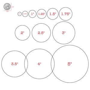 May include: A visual guide to different circle sizes, ranging from 0.5 inches to 5 inches in diameter. The sizes are labeled in inches.