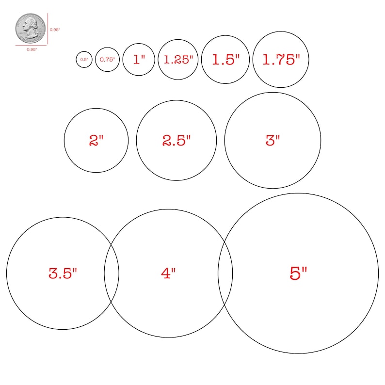 May include: A visual guide to different circle sizes, ranging from 0.5 inches to 5 inches in diameter. The sizes are labeled in inches.