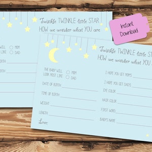 Op de afbeelding: Een blauwe en witte baby shower-spelkaart met de tekst "Twinkle Twinkle little STAR HOW we wonder what YOU are" en een gele halve maan en sterren. De kaart heeft ruimte om details over de baby in te vullen, zoals geboortedatum, geboortetijd, gewicht, lengte en eerste woord.