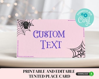 Printable and Editable Girly Spider Place Cards - Customize, DIY, Halloween Table Tent Card, Birthday, Food Cards, Spider Place Cards - 102a