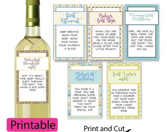 New Mom Wine Tags in Baby Boy Theme (DIGITAL - DIY) - Mother Milestones, Labels, Tags, Baby&#39;s First,  Mother&#39;s day, Shower Gift, Mom&#39;s first
