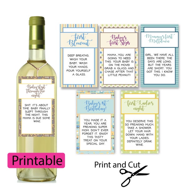 New Mom Wine Tags in Baby Boy Theme (DIGITAL - DIY) - Mother Milestones, Labels, Tags, Baby's First,  Mother's day, Shower Gift, Mom's first