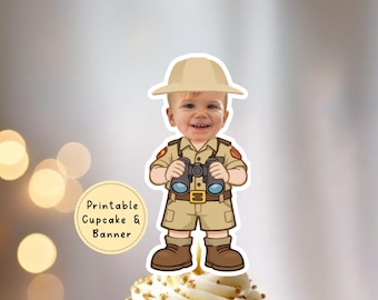 Digital Safari Cupcake Toppers | Printable Jungle Banner | 1st Birthday Party | Print and Cut | Face Cut Out | Safari Explorer | Wild One