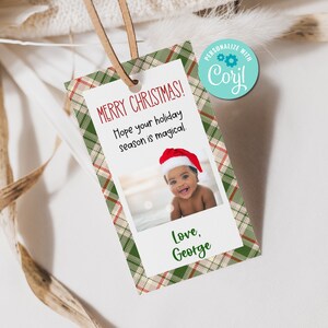 Printable and editable christmas tag with photo and santa hat
