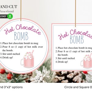 Imprimible Bomba de chocolate caliente Tags - Descarga instantánea - rosa, Pegatinas de cacao caliente,Eres la bomba, Regalo de Navidad, fiesta, Malvavisco - 014