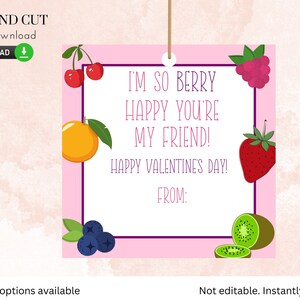 Fruit Snack Valentines Tag- Printable - Valentinstag Karte, Schule Vday Tag, Mädchen, DIY, Rosa, Obst, I'm Berry Happy, Print cut 060