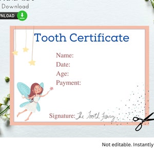 Certificato di fatina dei denti - stampabile - Fai da te, scheda del dente perso, idee di fatina dei denti, certificato del dente. Stampa e Taglio, Fatina dei Denti Girly 5x7 - t01