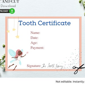 Certificado de Hada de los Dientes- Imprimible - DIY, Tarjeta de diente perdido, Ideas de hadas de dientes, Certificado de diente. Estampado y Corte, Girly Tooth Fairy 5x7 - t02