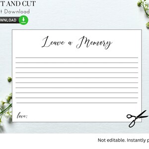 Laat een geheugenkaart achter - Afdrukbaar - DIY, Afdrukken en knippen, Wit en Zwart, Verjaardagsfeestje, In Memorium, Begrafenis, Deel een geheugenkaart, 5x7