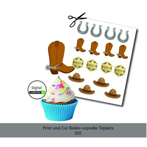 以下が含まれることがあります： カウボーイブーツ、保安官の星、馬蹄、カウボーイハットをフィーチャーした印刷可能なカップケーキトッパー。トッパーはロデオをテーマにしたパーティー用にデザインされています。