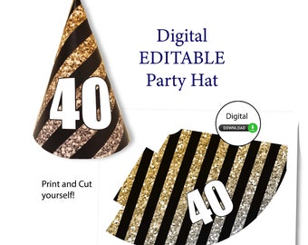 May include: Printable party hat template featuring a black and gold glitter striped design with the number 40 in white. The template is digital and editable.