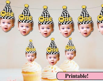 Digital One Happy Dude Cupcake Toppers | Printable Smiley Banner | 1st Birthday Party | Print and Cut | Face Cut Out | One Cool Dude Theme