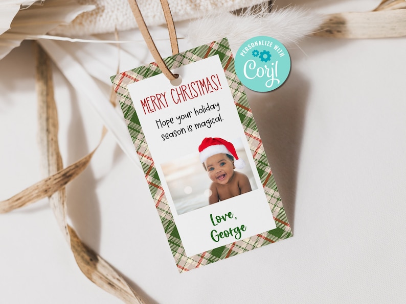 Printable and editable christmas tag with photo and santa hat